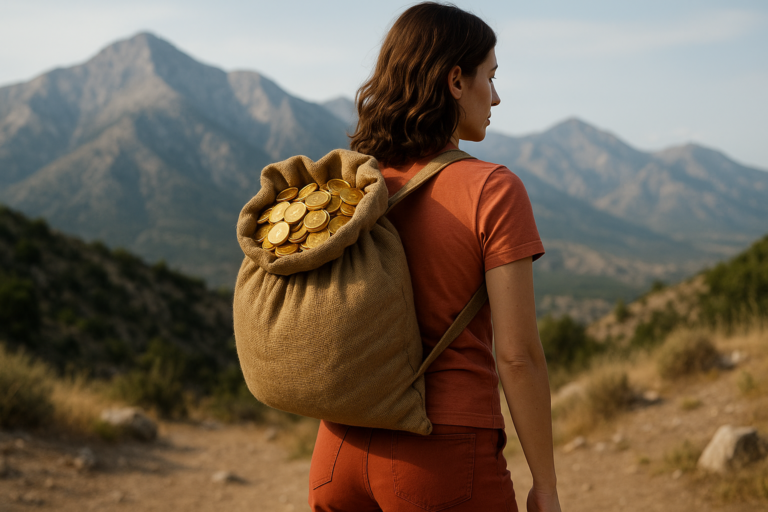 Woman with gold backpack